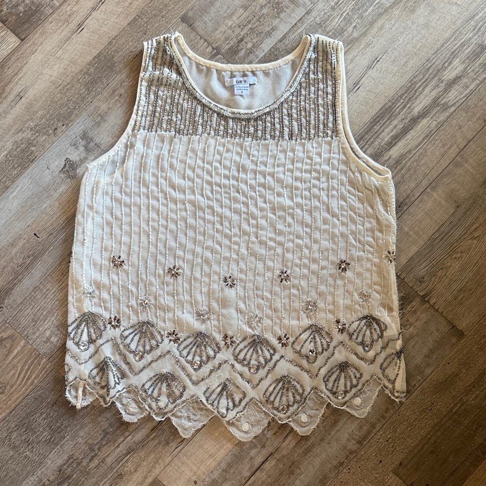 Bar III Cream Beaded Embroidered Tank size S